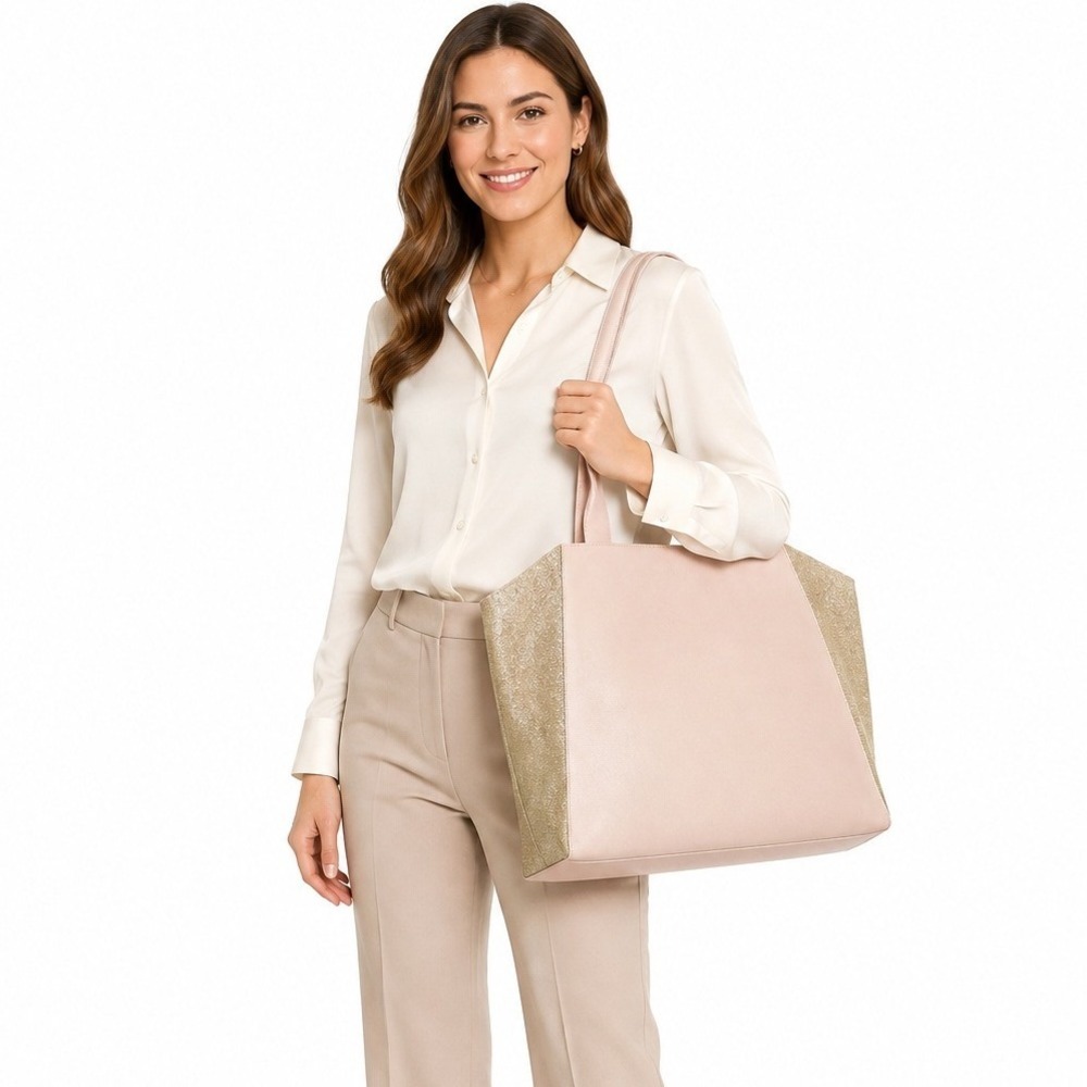 Jimmy Choo Pink Gold Glitter Panel Tote Shoulder Bag Spacious Weekender Purse OS